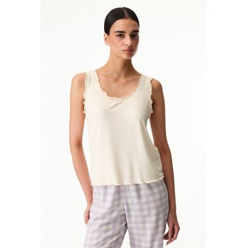 Top de pijama cu model uni si terminatii valurite - Alb fildes