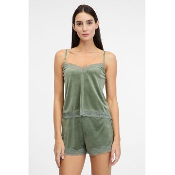Top de pijama din velur cu garnitura din dantela - Verde sparanghel