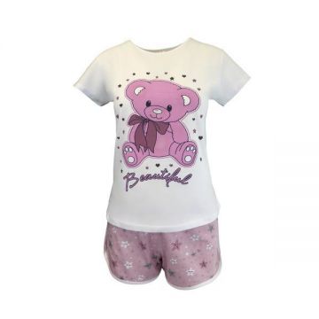 Pijama dama, Univers Fashion, bluza alba cu imprimeu ursulet, pantaloni scurti roz cu imprimeu stele, XL