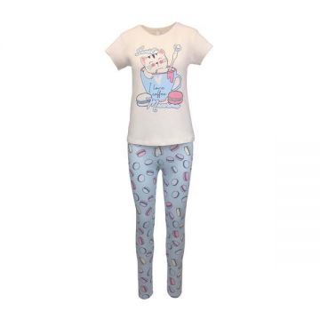 Pijama dama, Univers Fashion, bluza bej cu imprimeu pisica si colanti albastru deschis, XL