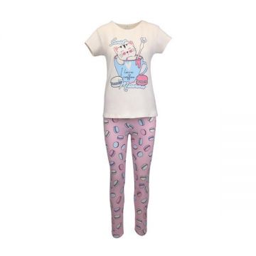 Pijama dama, Univers Fashion, bluza bej cu imprimeu pisica si colanti roz, XL