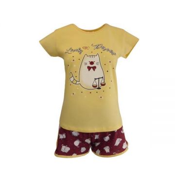 Pijama dama, Univers Fashion, bluza galben cu imprimeu pisica, pantaloni scurti grena cu imprimeu pisici, XL