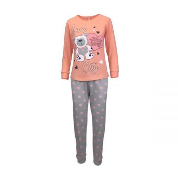 Pijama dama, Univers Fashion, bluza oranj cu imprimeu ursulet si pantaloni gri, 2XL