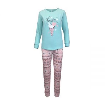 Pijama dama, Univers Fashion, bluza verde cu imprimeu Sweet Love si pantaloni roz, XL