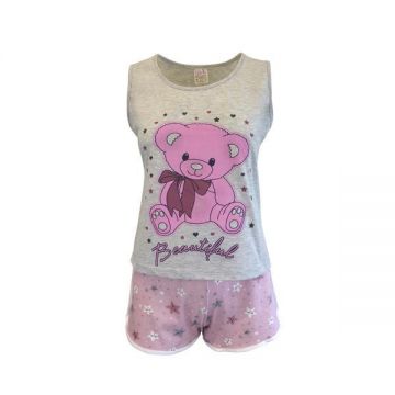 Pijama dama, Univers Fashion, maiou gri cu imprimeu ursulet, pantaloni scurti roz cu imprimeu stele, XL