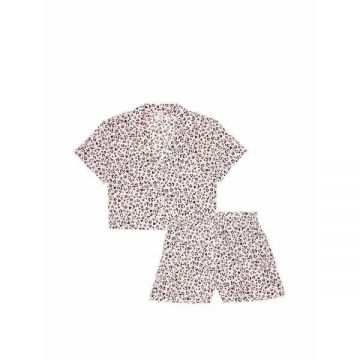 Pijama, Victoria's Secret, Cotton Cropped Short PJ Set, Pink Black mini Leopard Hearts, Marime L