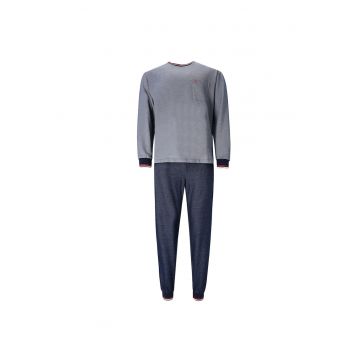 Pijama cu decolteu la baza gatului si buzunar pe piept - Albastru