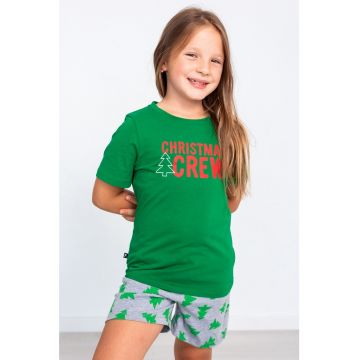 Pijama de bumbac cu pantaloni scurti si tematica de Craciun - Verde