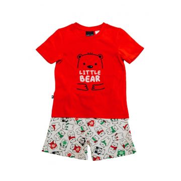 Pijama din bumbac cu maneci scurte si imprimeu de Craciun