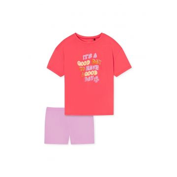 Pijama cu imprimeu text si pantaloni scurti